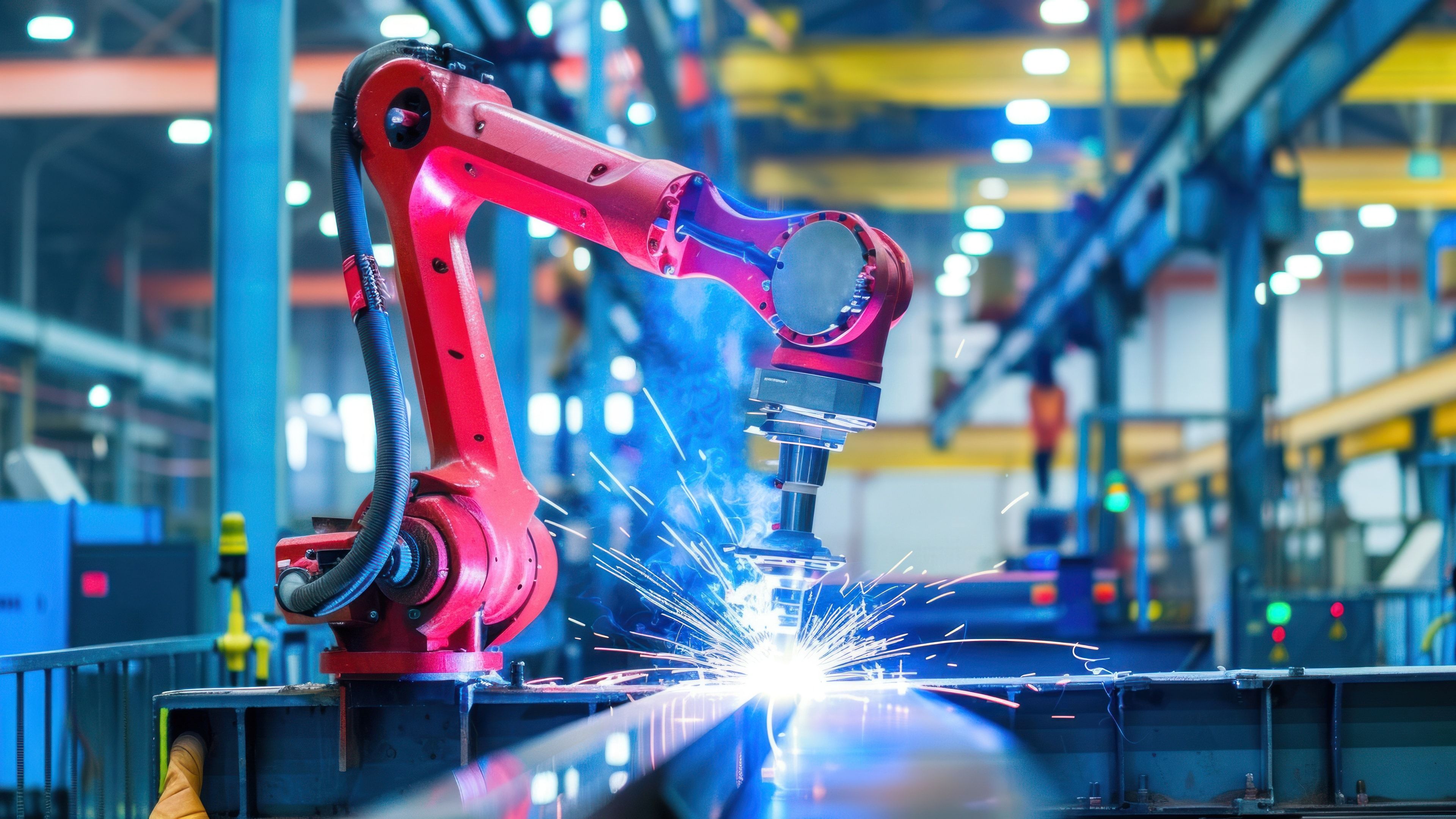 Robot de soldadura industrial trabajando con chispas en una nave de fabricación